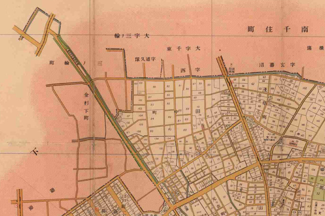 現在の南千住二丁目交差点付近（東京都立中央図書館所蔵「東京市淺草區」の一部）。